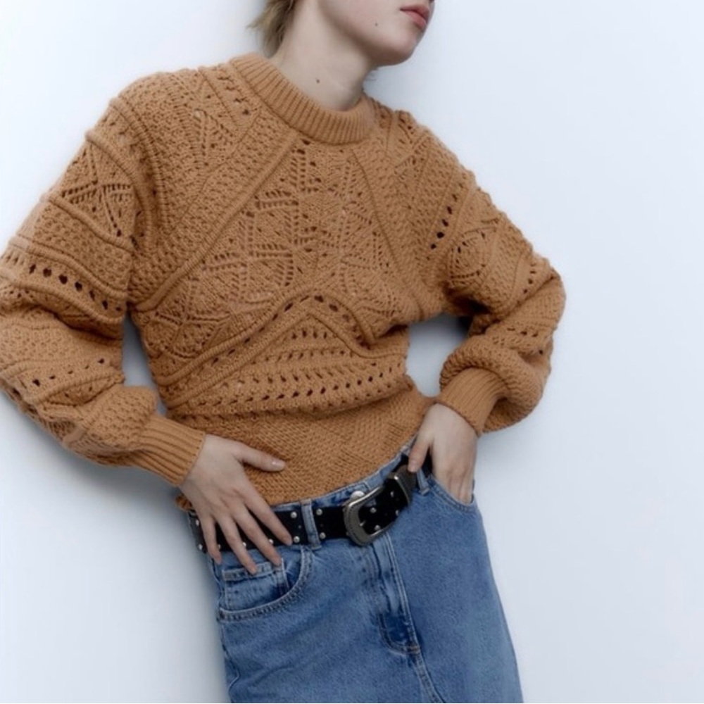 ZARA Tan Pointelle Open Knit Crochet Sweater Puff Sleeve Cropped Boho Small